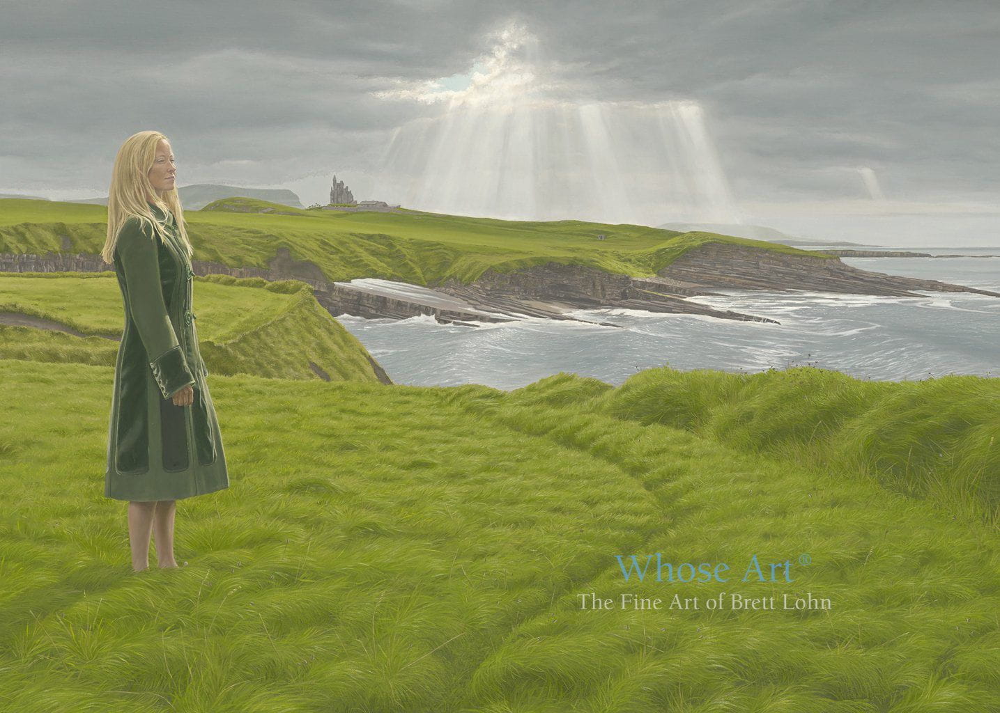 Irish art greeting card of a lady standing in a green coat on a grassy cliff in Mullaghmore, Sligo near ClassieBawn Castle.