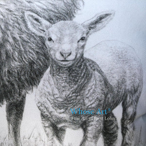 Close detail of a cute lamb pencil drawing on a cushion