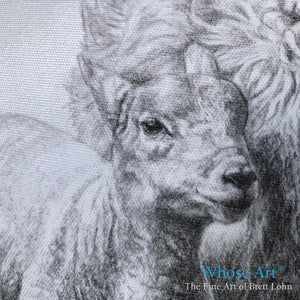 Close detail of a beautiful Lamb face pencil drawing, reproduced on a cushion
