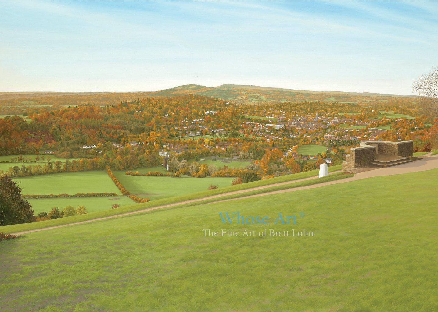 Landscape Greeting Card showing a painting of the view from the National Trust's Box Hill, across the Downs, in autumn.