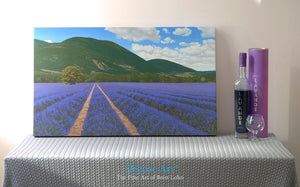 Lavender field art print on canvas. The canvas painting shows rows of lavender in the sun. It is a gallery wrap and unframed. 