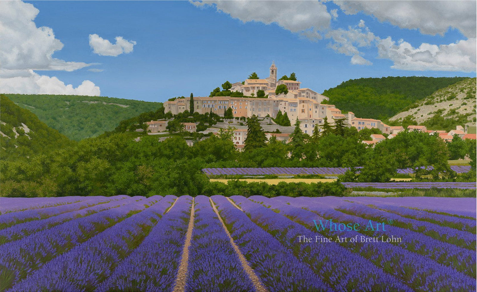 Wall art print of a hill village surrounded by lavender fields in Provence, France. This oil painting shows lavender in rows.