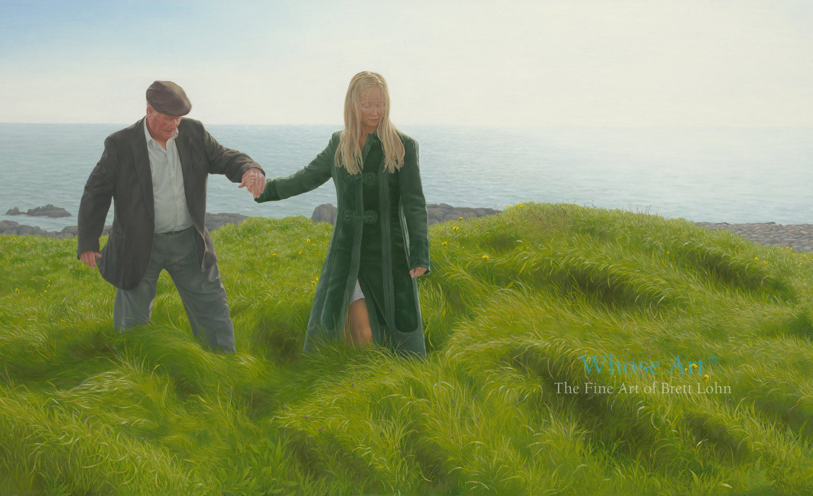 Mental Health Wall art showing a positive painting of a hopeful young lady guiding a gnetleman by the hand through long grass