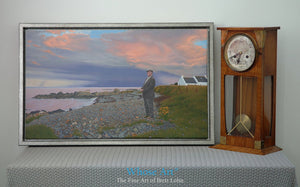 Mystic art canvas print of an oil painting featuring a man by the sea beneath a purple stormy sunset. He carries a burden.