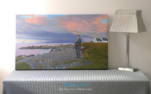 Mystic Canvas Fine Art Print of a brooding stormy sky with a man standing on a beach, carrying a heavy burden. He seeks freedom.