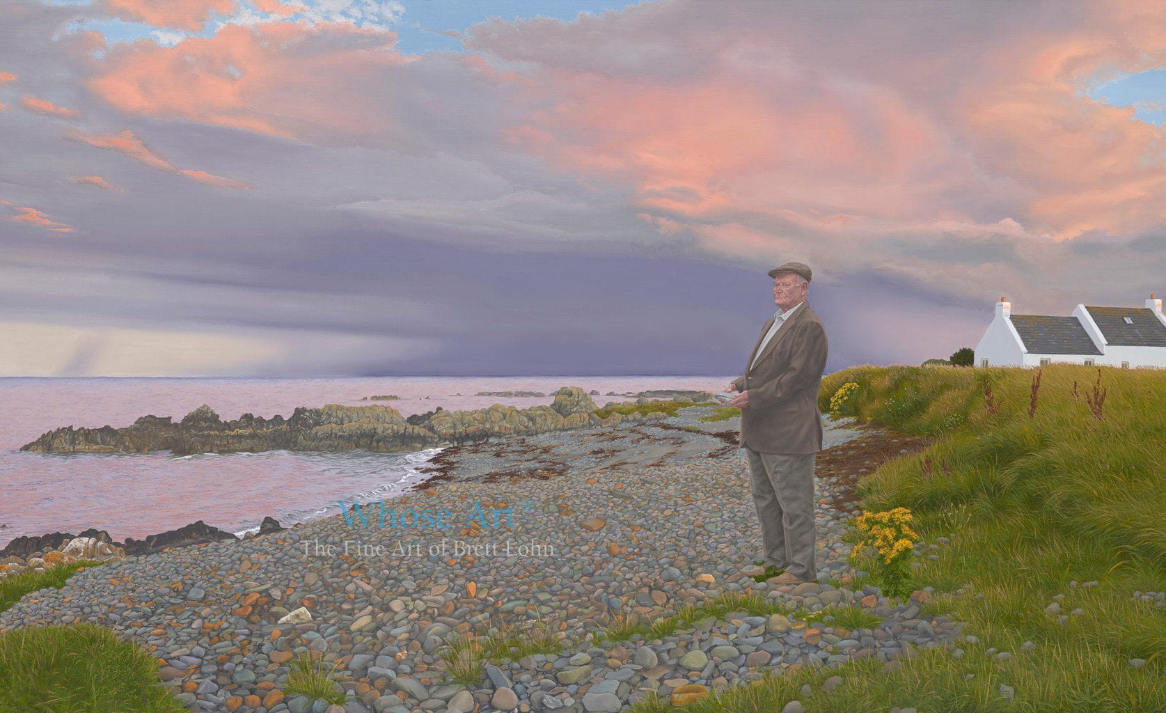 Mystic wall art oil painting of a man holding a heavy stone, stood on a stoney beach beneath a stormy sunset, by the sea.
