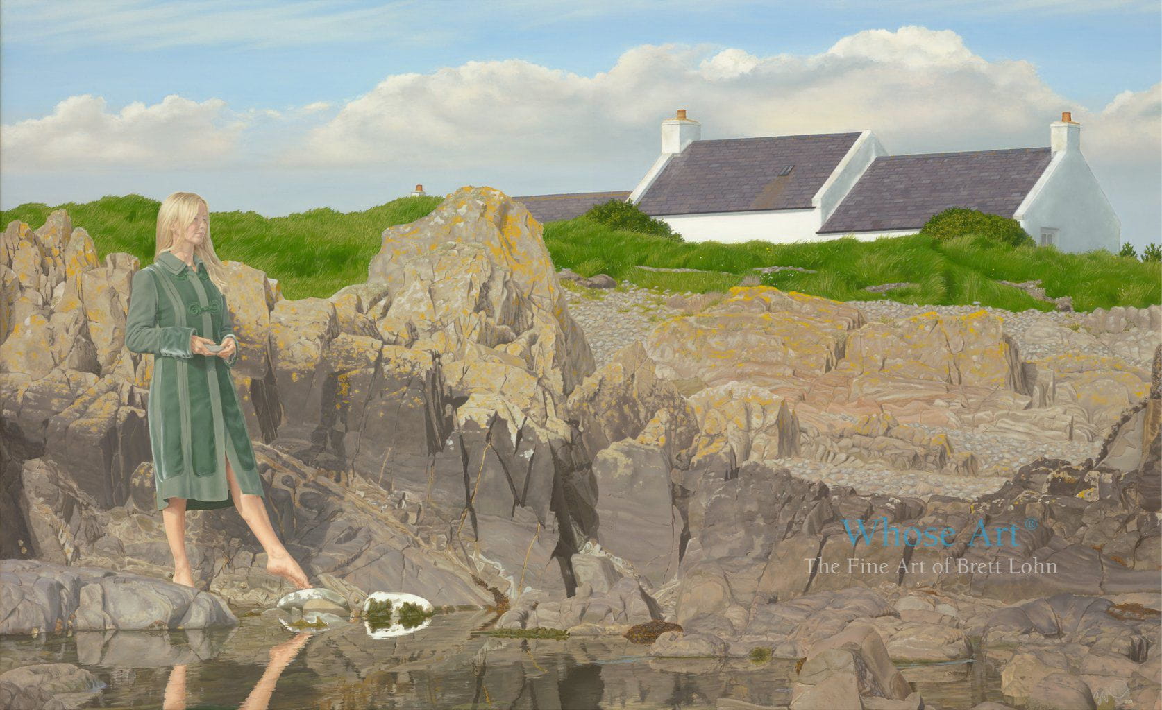 A Mystical art oil painting of a woman dressed in a green coat pointing her bare foot towards a rock pool by the sea.