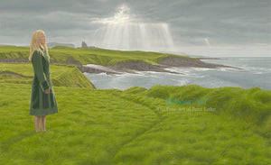 A mystical wall art oil painting of a woman standing in a green coat on a grassy cliff beneath a stormy sky near a castle.  