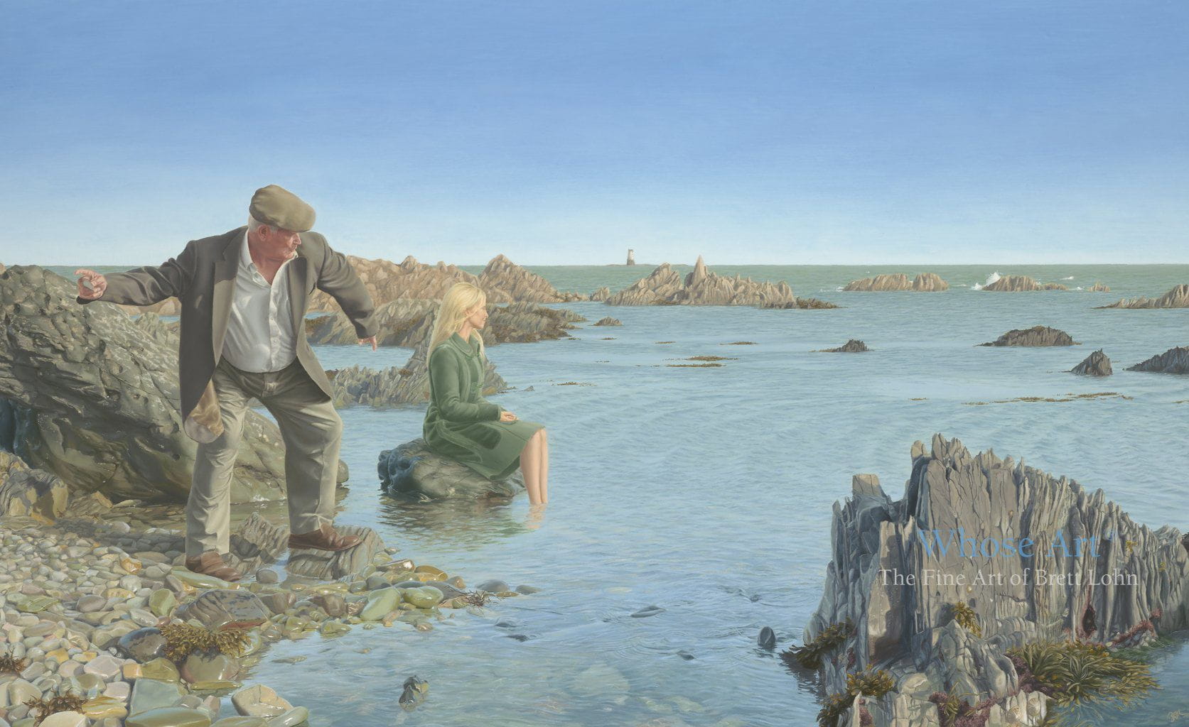 Narrative art print story of a man beneath a blue sky, standing by the sea, skimming a stone with a mysterious lady paddling