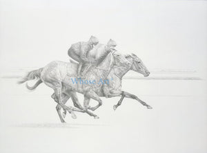 Pencil drawing horse art of a pair of thoroughbred horses galloping. The grey horse is in the foreground and is dappled.