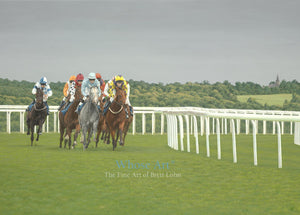 Horse racing art greeting card featuring a painting of horses racing at Epsom on a July evening with a stormy sky behind