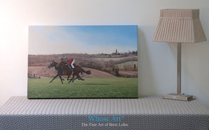 Running Horses canvas art print with gallery wrap edges. Horse art print features a pair of horses galloping as they train.