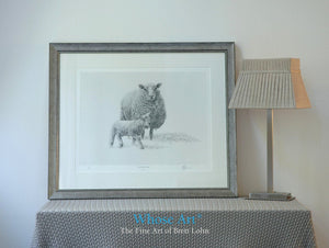 A wall art print framed in silver showing a sheep drawing in pencil of the sheep watching over a newborn lamb.